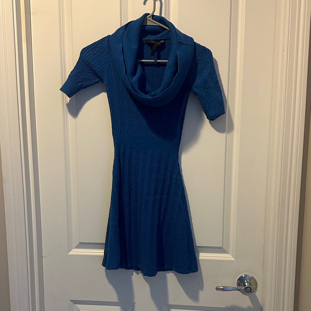 BCBGMaxAzria Teal Cowl Neck Mini Sweater Dress Averie style in Lakespur Blue